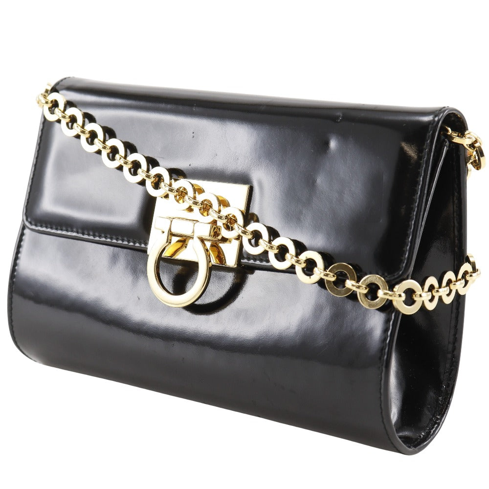 Salvatore Ferragamo Shoulder Bag Aq21-8752 Enamel Black 2-Way Clutch Gancini Chainshoulder Women
