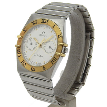 Omega Watches Quartz Stainless Steel, 18K Yellow Gold Silver Constellation Day-Date White Dial Boys