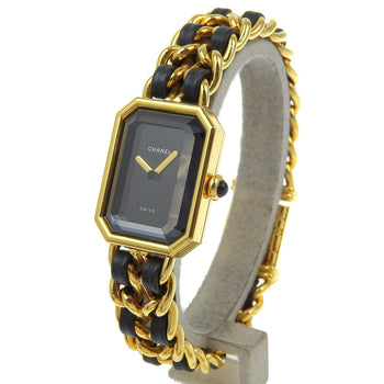Chanel Watches Quartz H0001 Plated Gold, Embossed Leather Gold Premiere L Black Dial Women