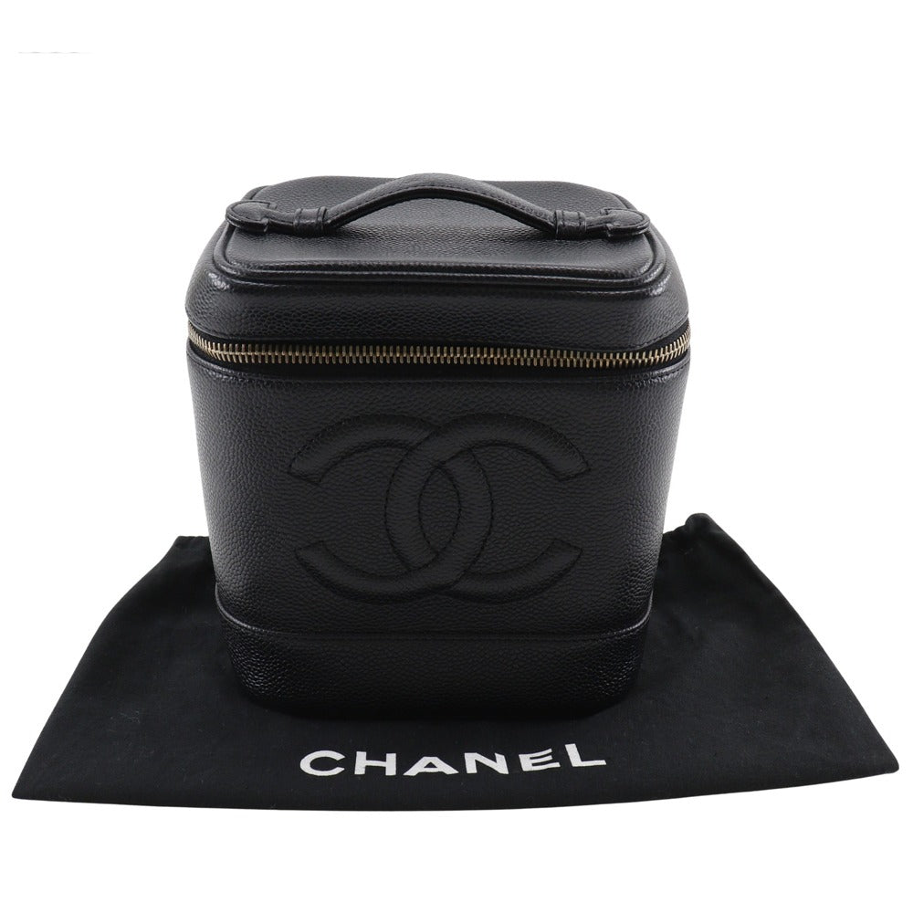 Chanel Pouch A01998 Caviar Skin Black Handbag Coco Mark Vanity Women