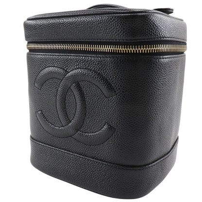 Chanel Pouch A01998 Caviar Skin Black Handbag Coco Mark Vanity Women