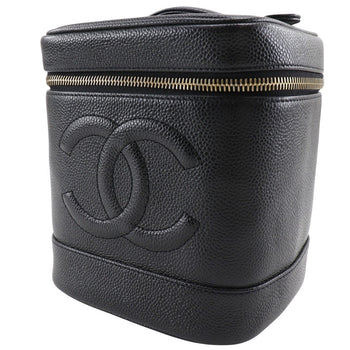 Chanel Pouch A01998 Caviar Skin Black Handbag Coco Mark Vanity Women