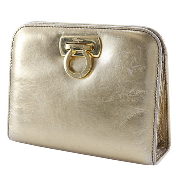 Salvatore Ferragamo Shoulder Bag Aq214734 Calfskin Gold 2-Way Clutch Gancini Chainshoulder Women