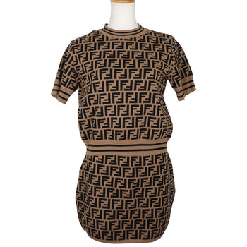 Fendi Setup Rayon, Polyester Brown Short Sleeve Knit And Knit Skirt Zucca Kids 12A
