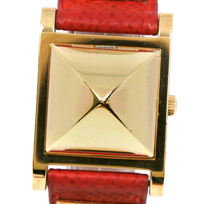 Hermes Watches Quartz Plated Gold , Leather Red/Gold Medor White Dial Women