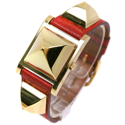 Hermes Watches Quartz Plated Gold , Leather Red/Gold Medor White Dial Women