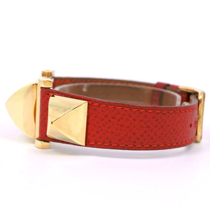 Hermes Watches Quartz Plated Gold , Leather Red/Gold Medor White Dial Women