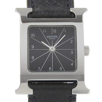 Hermes Watches Quartz Hh1.210 Stainless Steel , Embossed Leather Silver H Watch Black Dial Women
