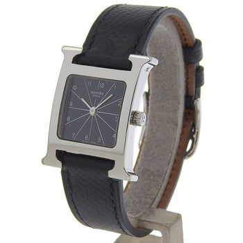 Hermes Watches Quartz Hh1.210 Stainless Steel , Embossed Leather Silver H Watch Black Dial Women