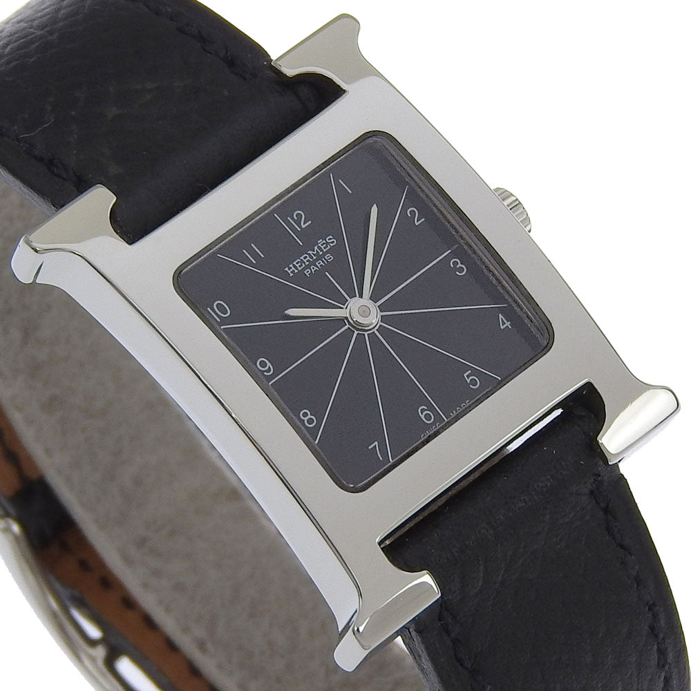 Hermes Watches Quartz Hh1.210 Stainless Steel , Embossed Leather Silver H Watch Black Dial Women