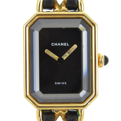 Chanel Watches Quartz H0001 Plated Gold, Embossed Leather Silver Premiere M Black Dial Women
