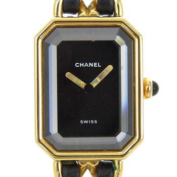Chanel Watches Quartz H0001 Plated Gold, Embossed Leather Silver Premiere M Black Dial Women