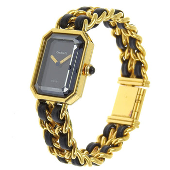 Chanel Watches Quartz H0001 Plated Gold, Embossed Leather Silver Premiere M Black Dial Women