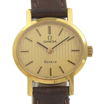Omega Watches Hand Winding Plated Gold , Leather Silver Geneva Gold Dial Women