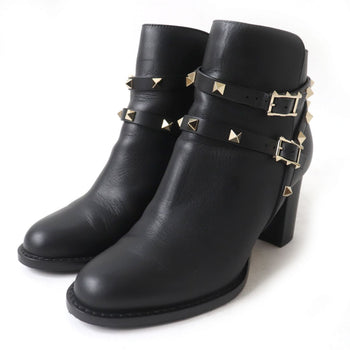 Valentino Boots Leather Black Ankle Boots Short Boots Rock Studs Women 36