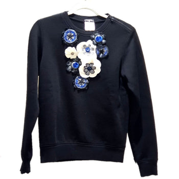 Chanel Sweat P52492 Cotton, Wool Black X Blue 15B Camellia Decoration Shoulder Zipper Women 36