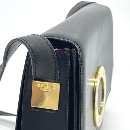 Celine Shoulder Bag Leather Black Logo Accordion Women