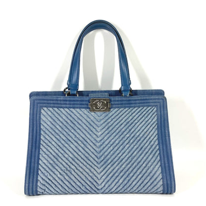 Chanel Tote Bag Canvas Blue Type Boy Chanel Vstitch Women