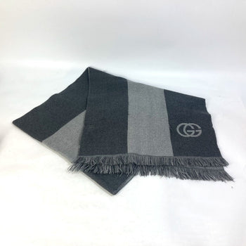 Gucci Scarf Wool Gray Fringe Logo Gg Stripes Women