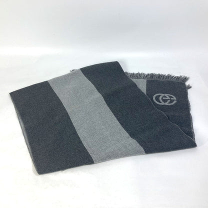 Gucci Scarf Wool Gray Fringe Logo Gg Stripes Women