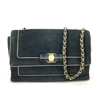 Salvatore Ferragamo Shoulder Bag Suede Black Crossbody Bag Chain Bag Women