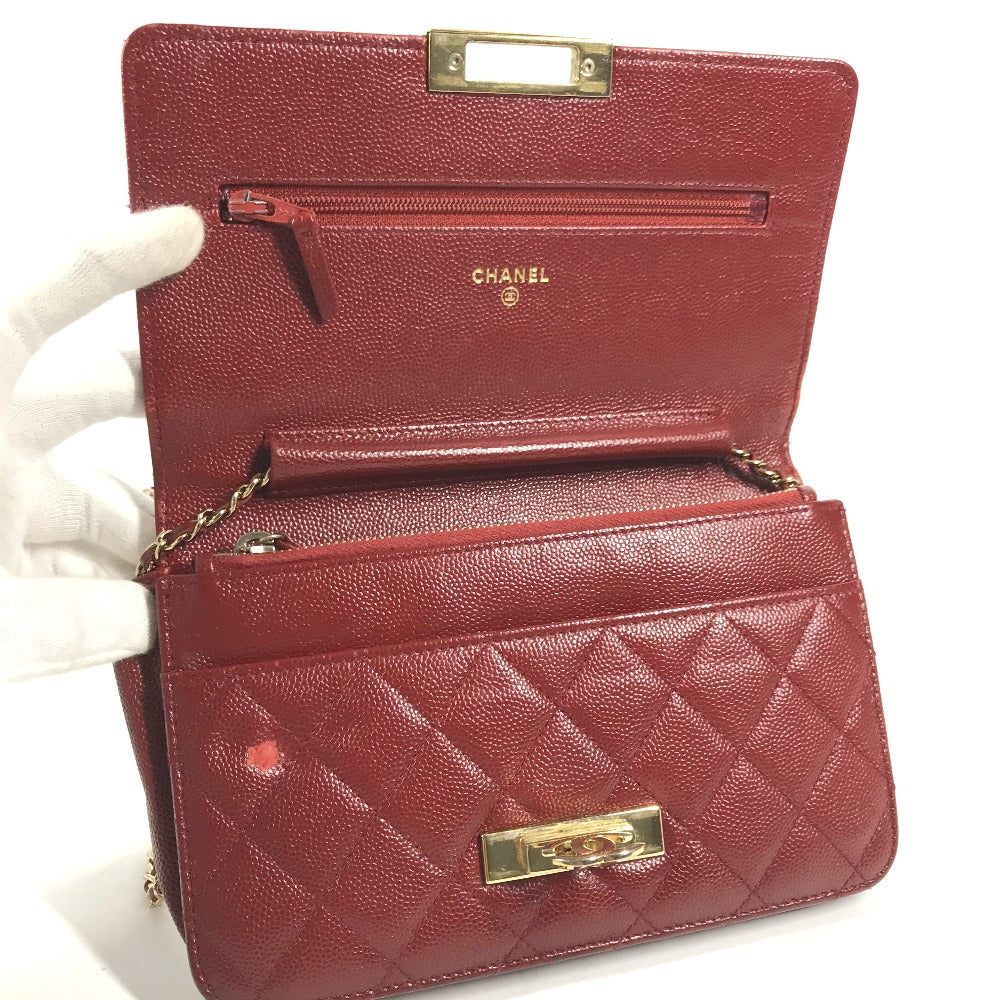 Chanel Long Wallet Purse Caviar Skin Red X Gold Metal Cc Coco Mark Coco Lock Chain Wallet Women