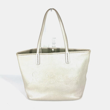 Bvlgari Tote Bag Leather Silver S.Bulgari Logo Sotirio