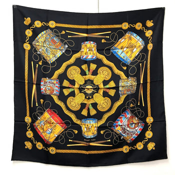 Hermes Scarf Silk Black Les Tambours Tambour Drums Carre90