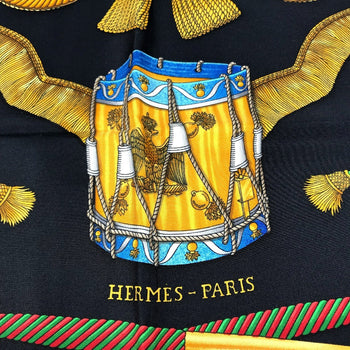 Hermes Scarf Silk Black Les Tambours Tambour Drums Carre90