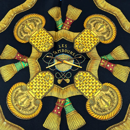 Hermes Scarf Silk Black Les Tambours Tambour Drums Carre90
