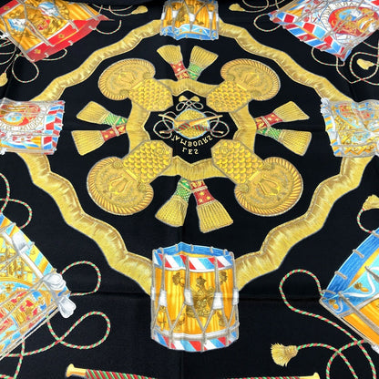 Hermes Scarf Silk Black Les Tambours Tambour Drums Carre90