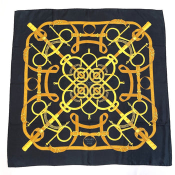 Hermes Scarf Silk, 100% Silk Black Eperon Dor Golden Spur Carre 90
