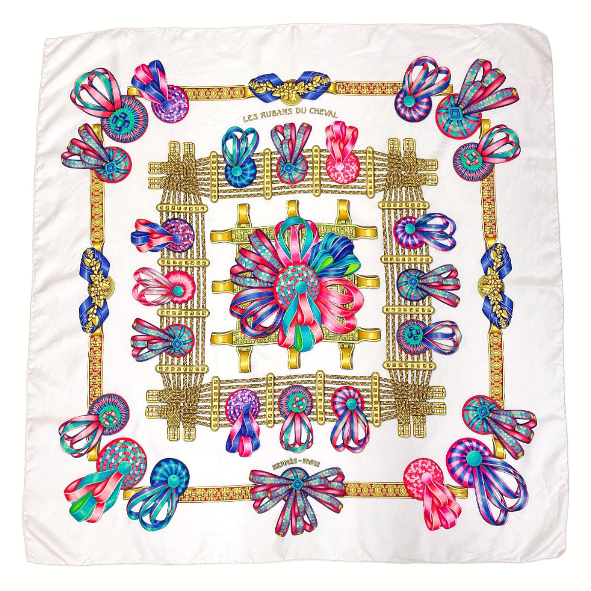 Hermes Scarf Silk, 100% Silk White Les Rubans Du Cheval Horse Ribbon Carre 90