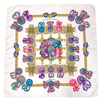 Hermes Scarf Silk, 100% Silk White Les Rubans Du Cheval Horse Ribbon Carre 90