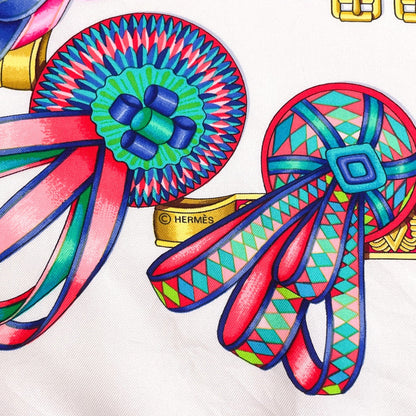Hermes Scarf Silk, 100% Silk White Les Rubans Du Cheval Horse Ribbon Carre 90