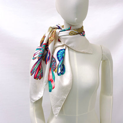 Hermes Scarf Silk, 100% Silk White Les Rubans Du Cheval Horse Ribbon Carre 90