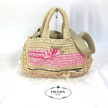 Prada Handbag Raffia Beige Triangle Logo Plate Canapa