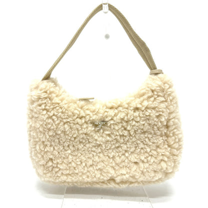 Prada Handbag 1Ne515 Sheep Fur Beige Triangle Logo Women Secondhand