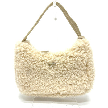 Prada Handbag 1Ne515 Sheep Fur Beige Triangle Logo Women Secondhand