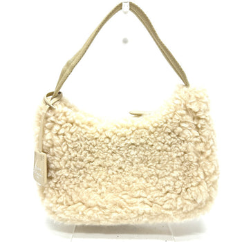 Prada Handbag 1Ne515 Sheep Fur Beige Triangle Logo Women Secondhand