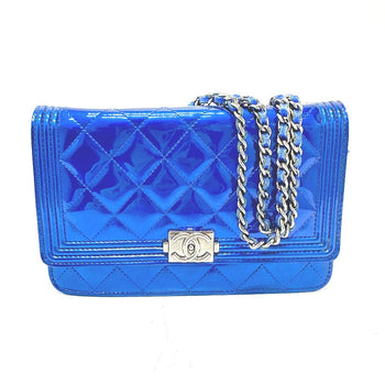 Chanel Shoulder Bag Patent Leather Gunmetal Blue Long Wallet Purse Bag Chain Bag Boy Chanel Cc Coco