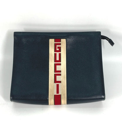 Gucci Clutch Bag 475316 Leather Black Pouch Bag Web Stripe Logo