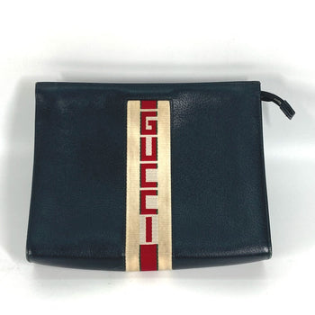 Gucci Clutch Bag 475316 Leather Black Pouch Bag Web Stripe Logo