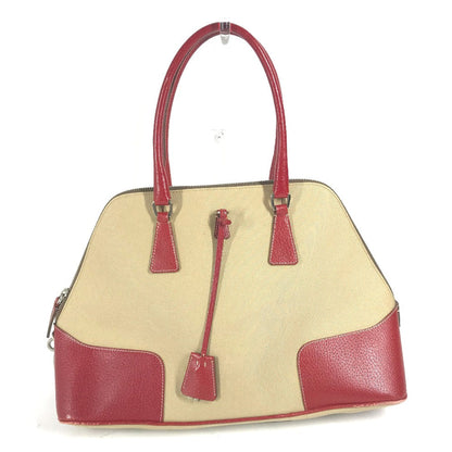 Prada Shoulder Bag Bn0081 Leather / Canvas Beige By Color Triangle Logo Plate