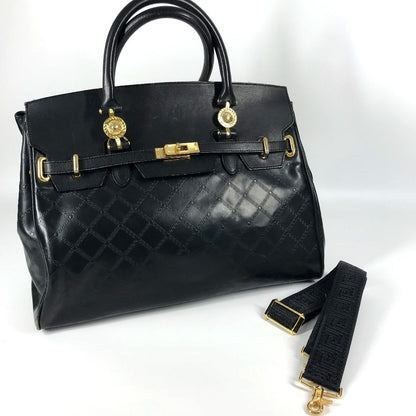 Versace Shoulder Bag Leather Black Vintage Sunburst Logo Women