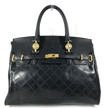 Versace Shoulder Bag Leather Black Vintage Sunburst Logo Women