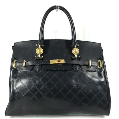 Versace Shoulder Bag Leather Black Vintage Sunburst Logo Women
