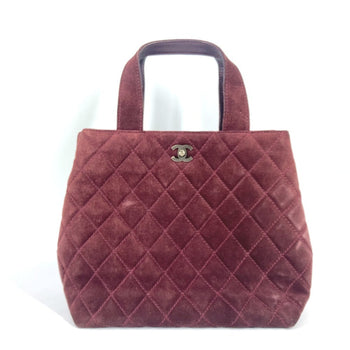 Chanel Handbag Suede Wine-Red Tote Bag Vintage Turnlock Cc Coco Mark Matelasse Quilting Women