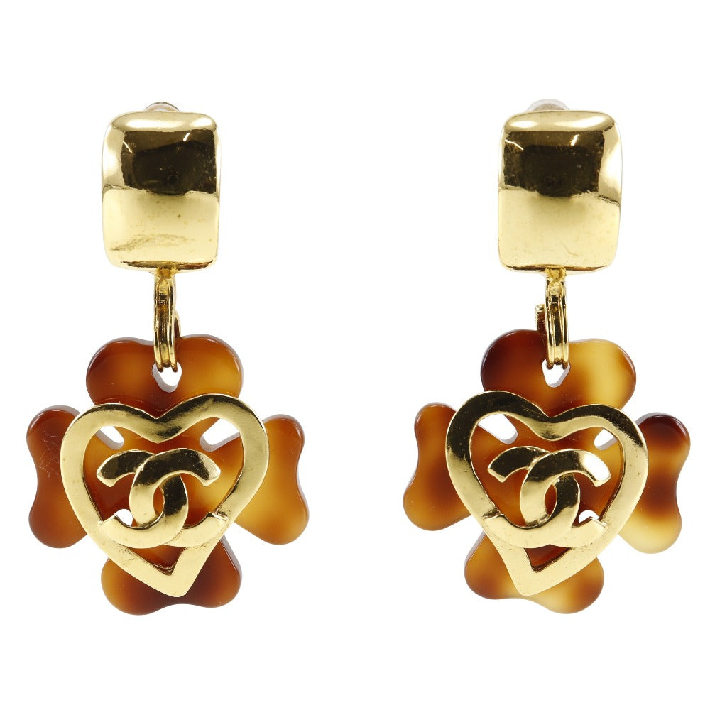 Chanel Earring Plated Gold , Plastic Brown Vintage Clover Coco Mark Heart Women