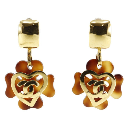 Chanel Earring Plated Gold , Plastic Brown Vintage Clover Coco Mark Heart Women